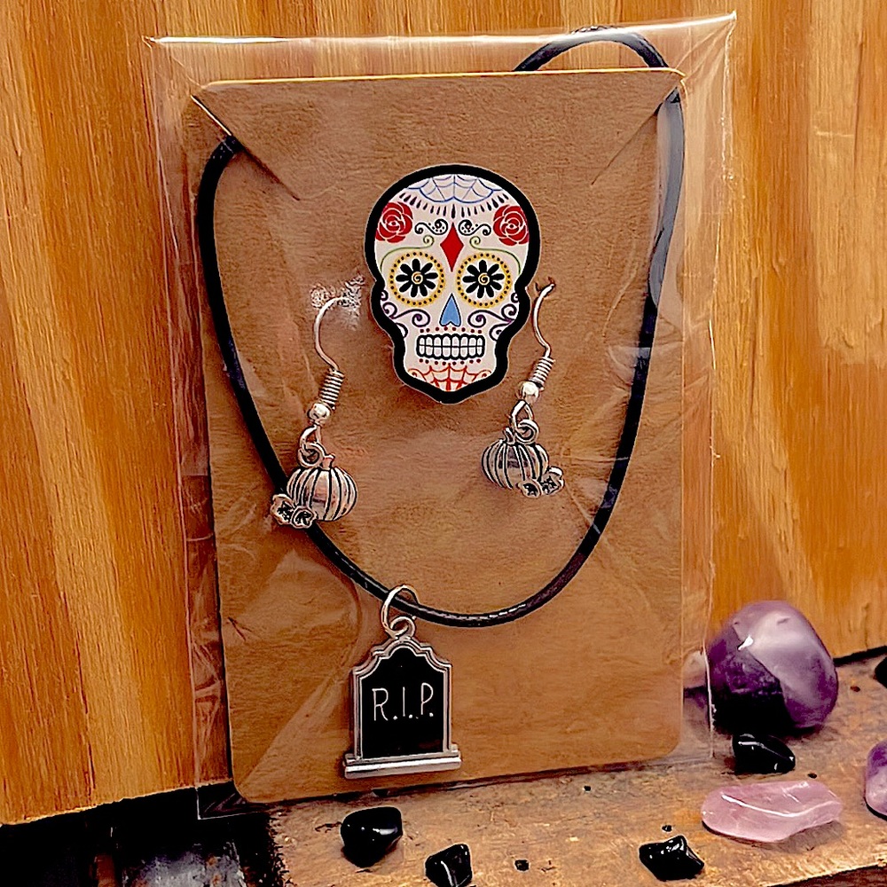 🖤 BOGO 🖤 R.I.P Tombstone Necklace & Earring 🪦 SET 🎃✨ Halloween Pumpkins